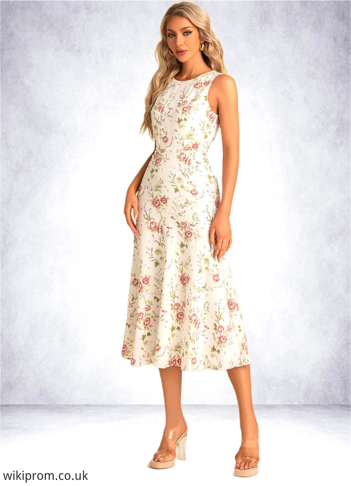 Abby Trumpet/Mermaid Scoop Tea-Length Polyester Bridesmaid Dress With Floral Print SWKP0022566