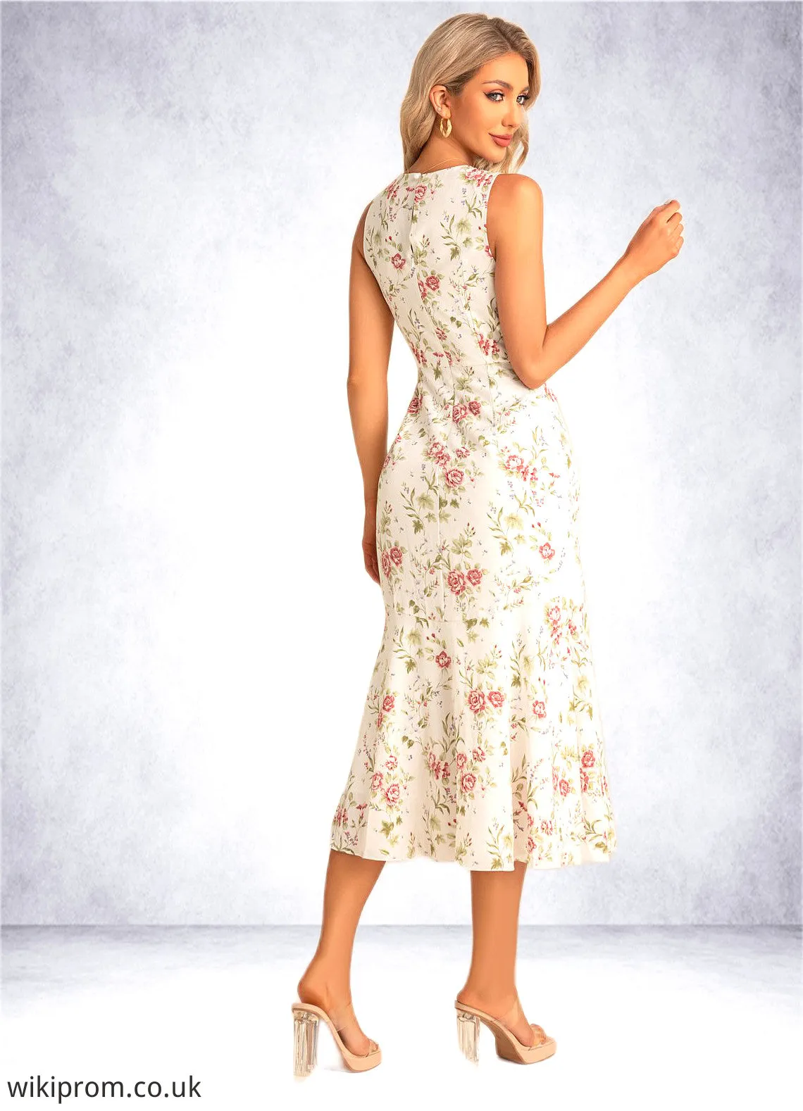 Abby Trumpet/Mermaid Scoop Tea-Length Polyester Bridesmaid Dress With Floral Print SWKP0022566