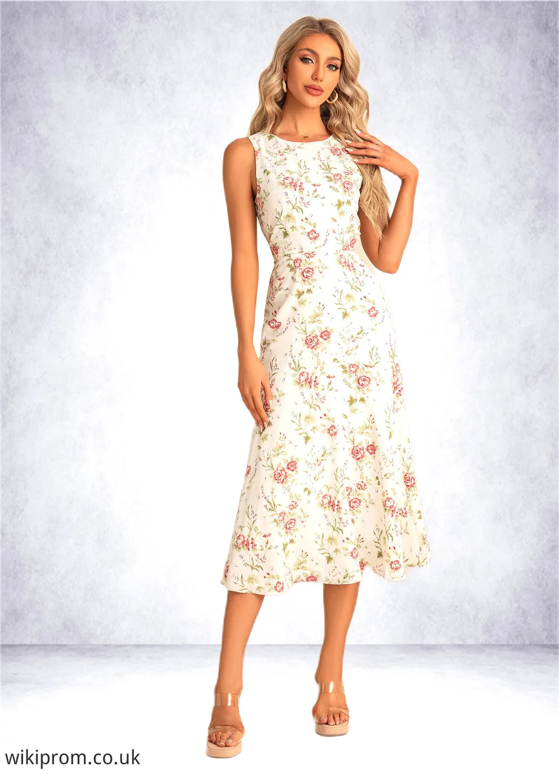 Abby Trumpet/Mermaid Scoop Tea-Length Polyester Bridesmaid Dress With Floral Print SWKP0022566