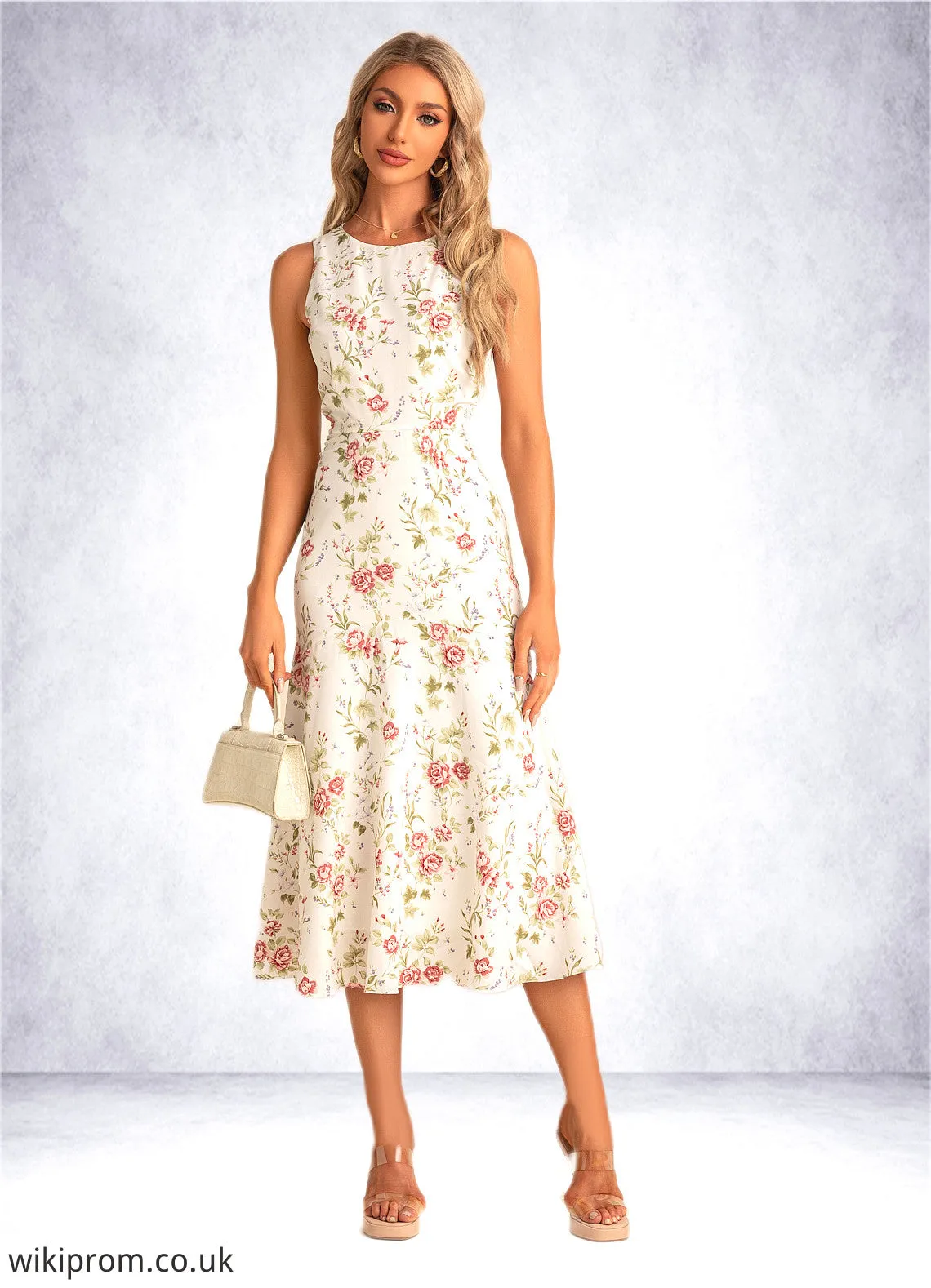 Abby Trumpet/Mermaid Scoop Tea-Length Polyester Bridesmaid Dress With Floral Print SWKP0022566
