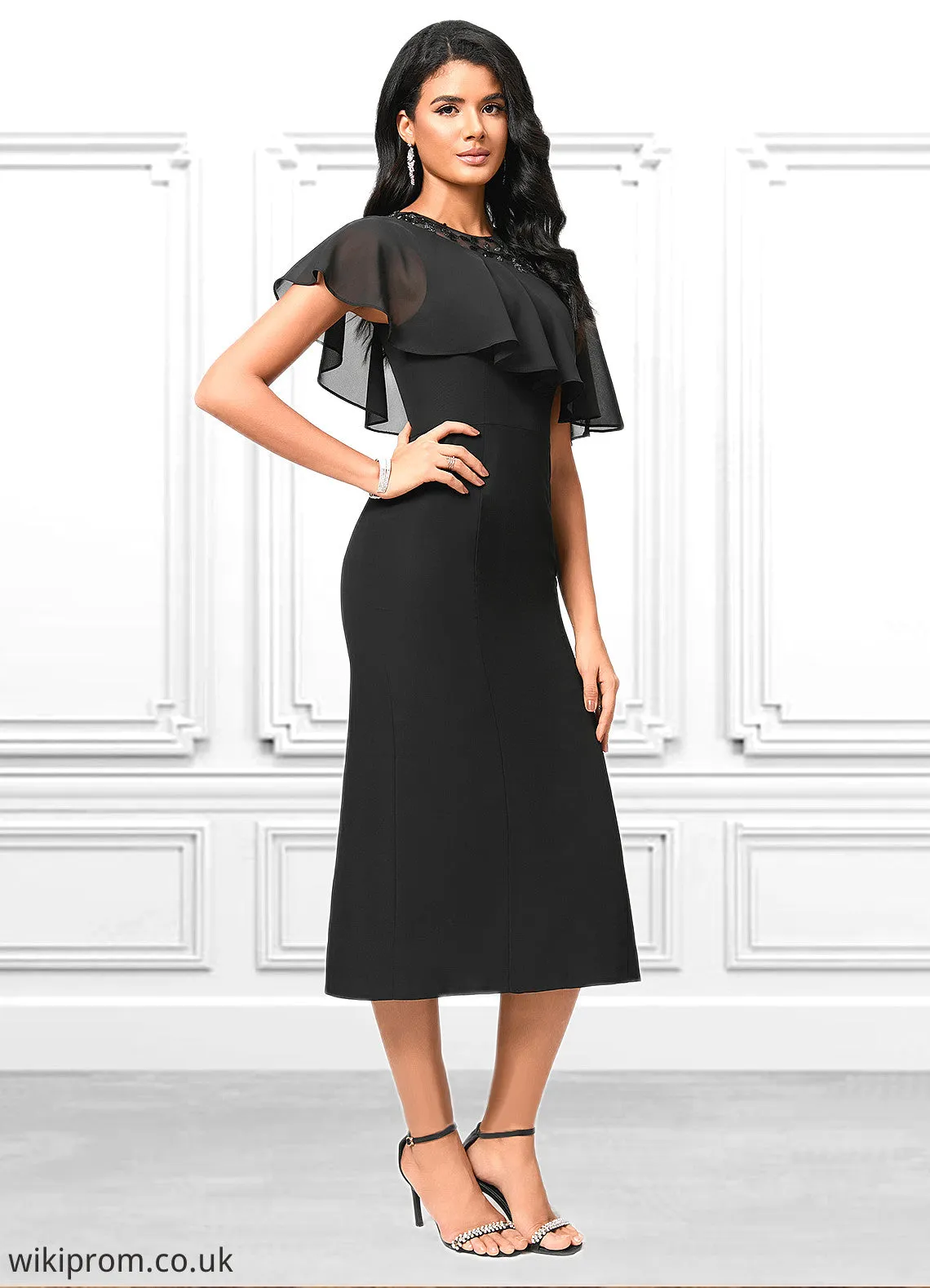 Anabel Sheath/Column Scoop Tea-Length Chiffon Cocktail Dress With Appliques Lace SWKP0022388