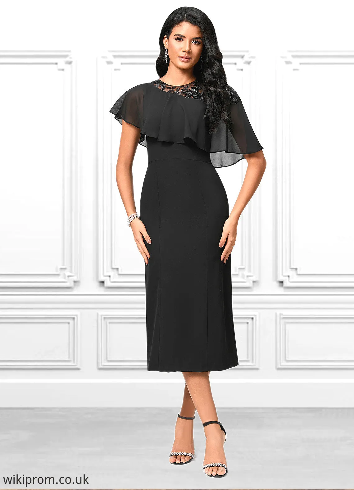 Anabel Sheath/Column Scoop Tea-Length Chiffon Cocktail Dress With Appliques Lace SWKP0022388