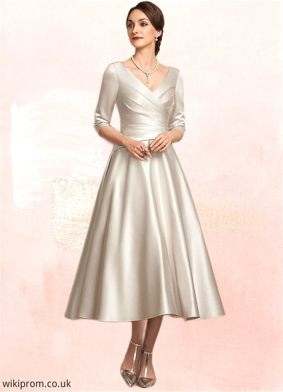 Barbara A-Line V-neck Tea-Length Satin Mother of the Bride Dress With Ruffle SWK126P0014598