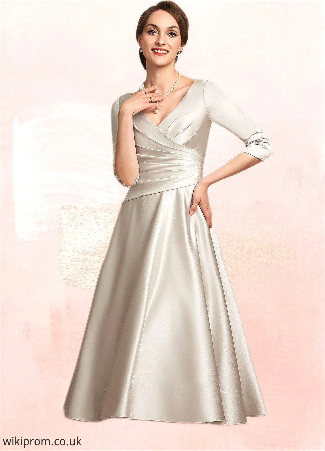 Barbara A-Line V-neck Tea-Length Satin Mother of the Bride Dress With Ruffle SWK126P0014598
