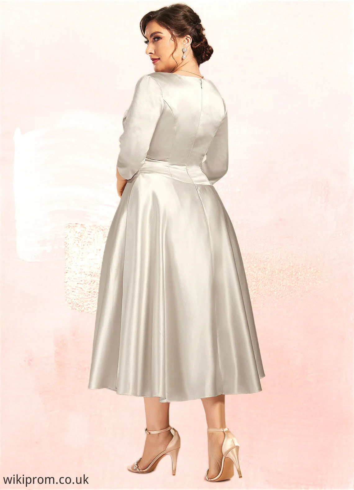 Barbara A-Line V-neck Tea-Length Satin Mother of the Bride Dress With Ruffle SWK126P0014598