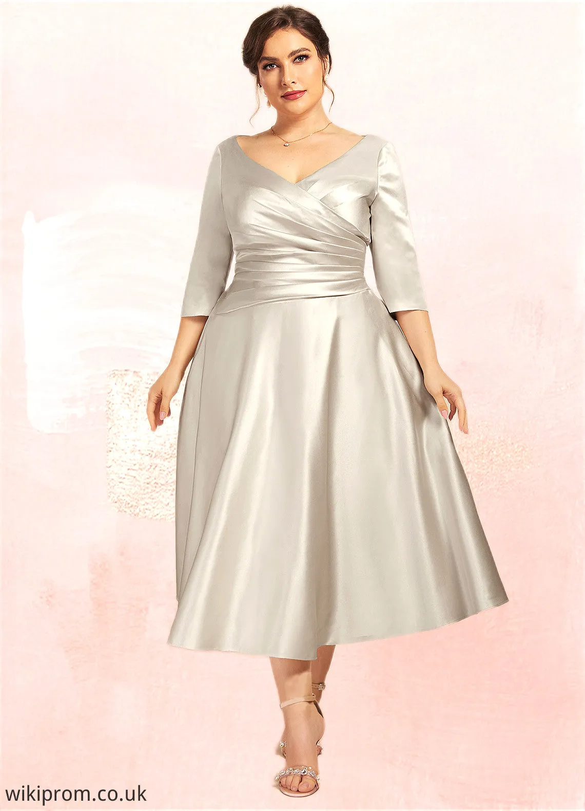 Barbara A-Line V-neck Tea-Length Satin Mother of the Bride Dress With Ruffle SWK126P0014598
