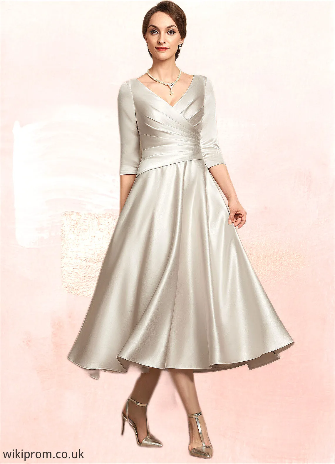 Barbara A-Line V-neck Tea-Length Satin Mother of the Bride Dress With Ruffle SWK126P0014598