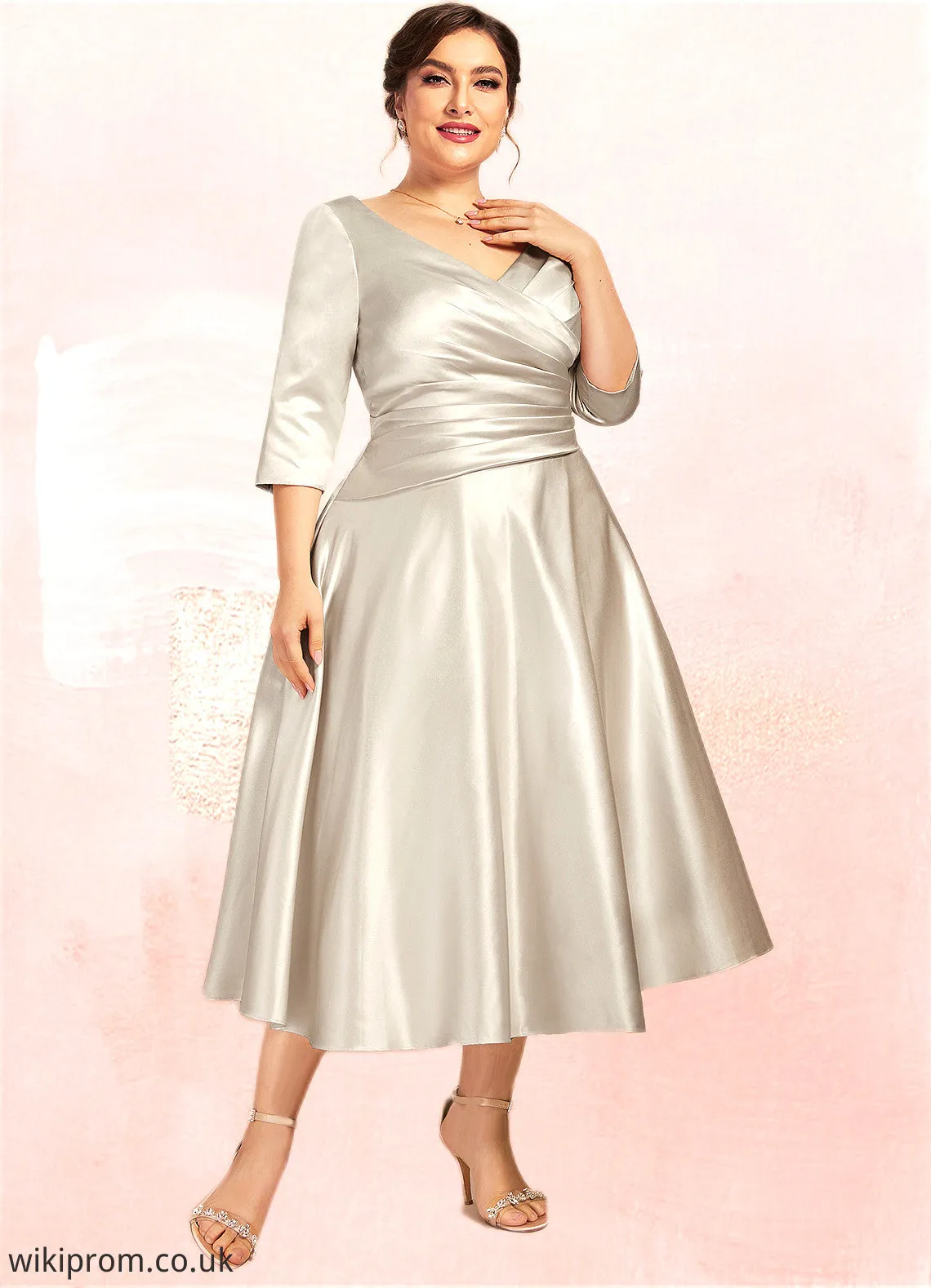 Barbara A-Line V-neck Tea-Length Satin Mother of the Bride Dress With Ruffle SWK126P0014598