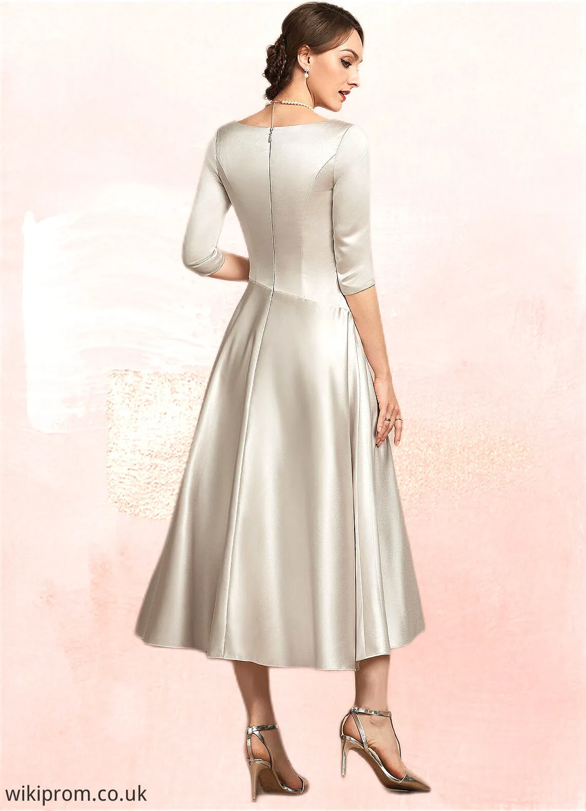 Barbara A-Line V-neck Tea-Length Satin Mother of the Bride Dress With Ruffle SWK126P0014598