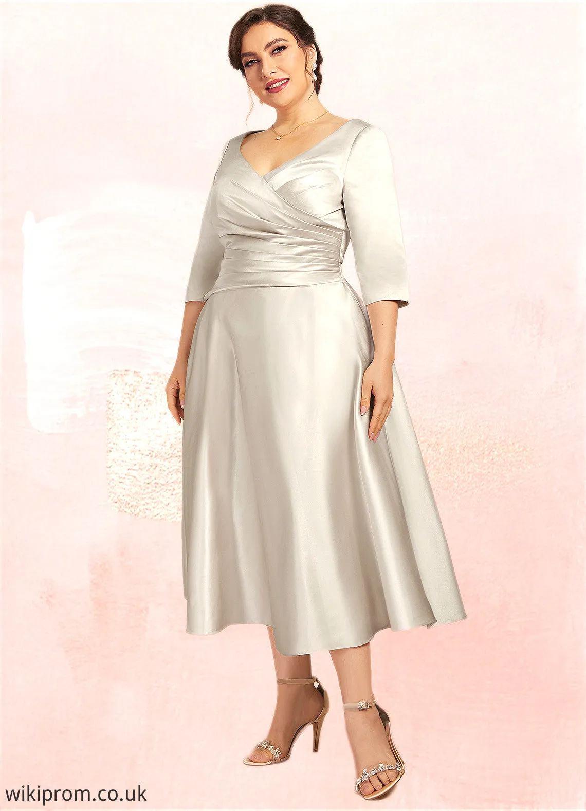 Barbara A-Line V-neck Tea-Length Satin Mother of the Bride Dress With Ruffle SWK126P0014598