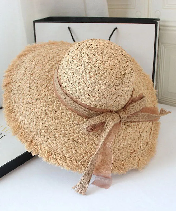 Beautiful Khaki Bow UPF 50  Straw Woven Floppy Sun Hat