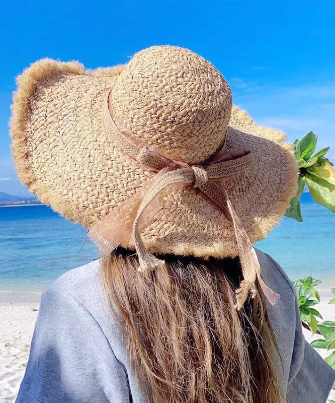 Beautiful Khaki Bow UPF 50  Straw Woven Floppy Sun Hat