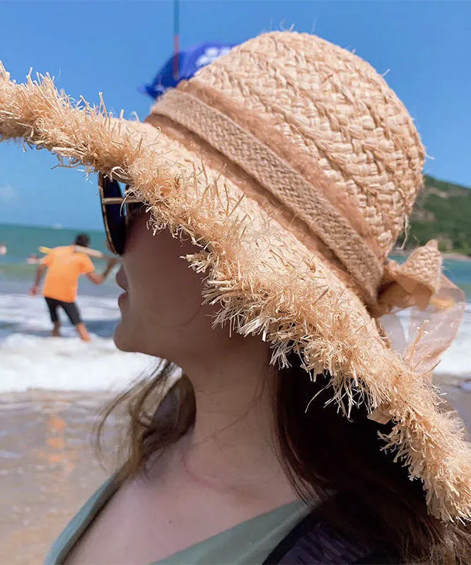 Beautiful Khaki Bow UPF 50  Straw Woven Floppy Sun Hat