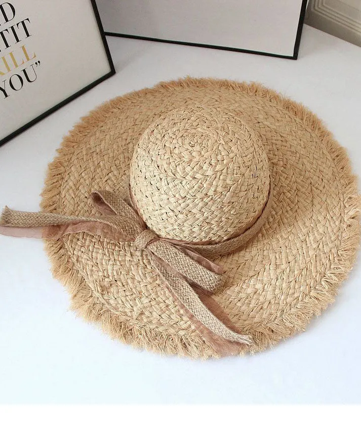 Beautiful Khaki Bow UPF 50  Straw Woven Floppy Sun Hat