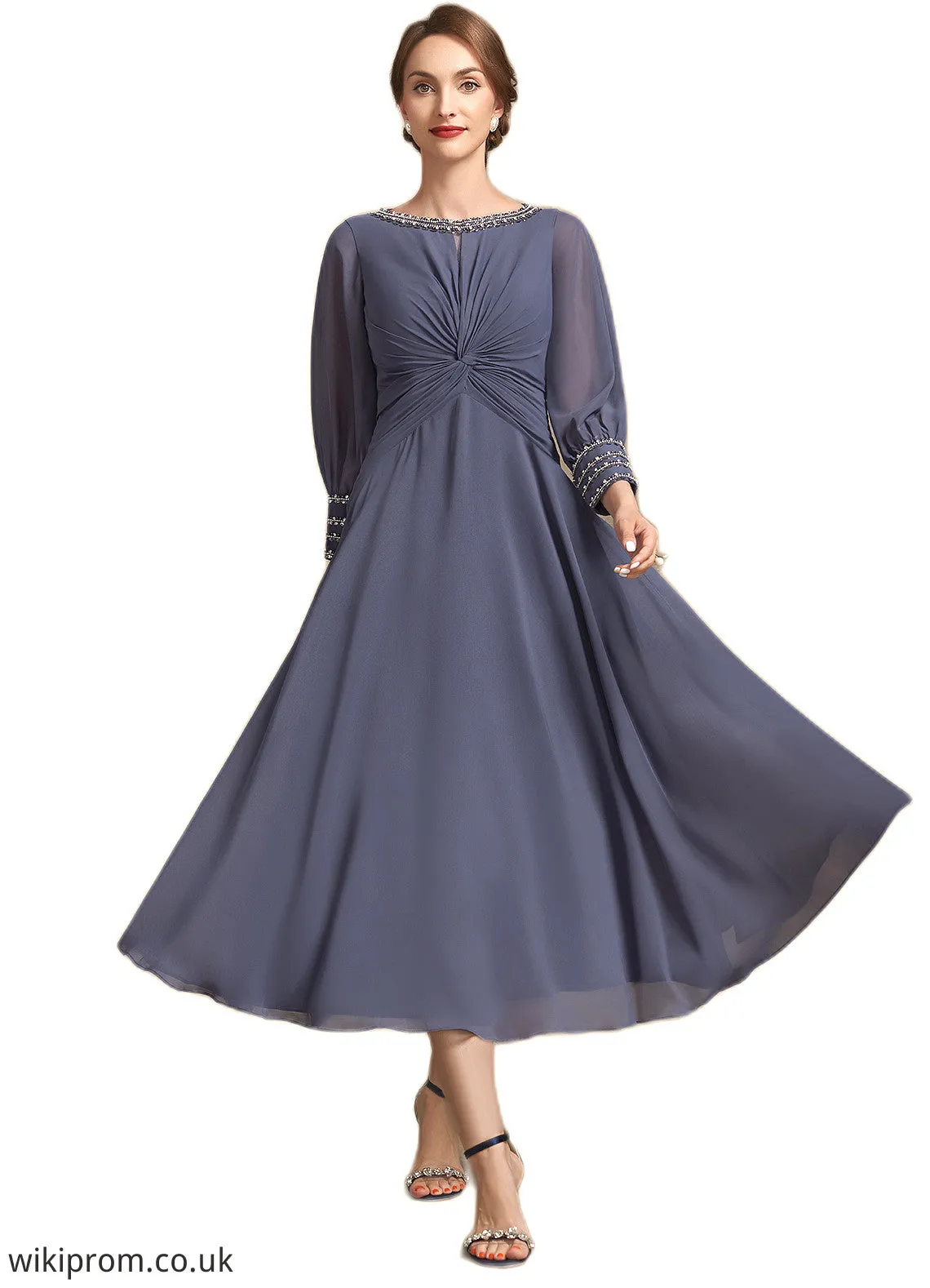 Breanna A-Line Scoop Neck Tea-Length Chiffon Mother of the Bride Dress With Ruffle Beading SWK126P0014718
