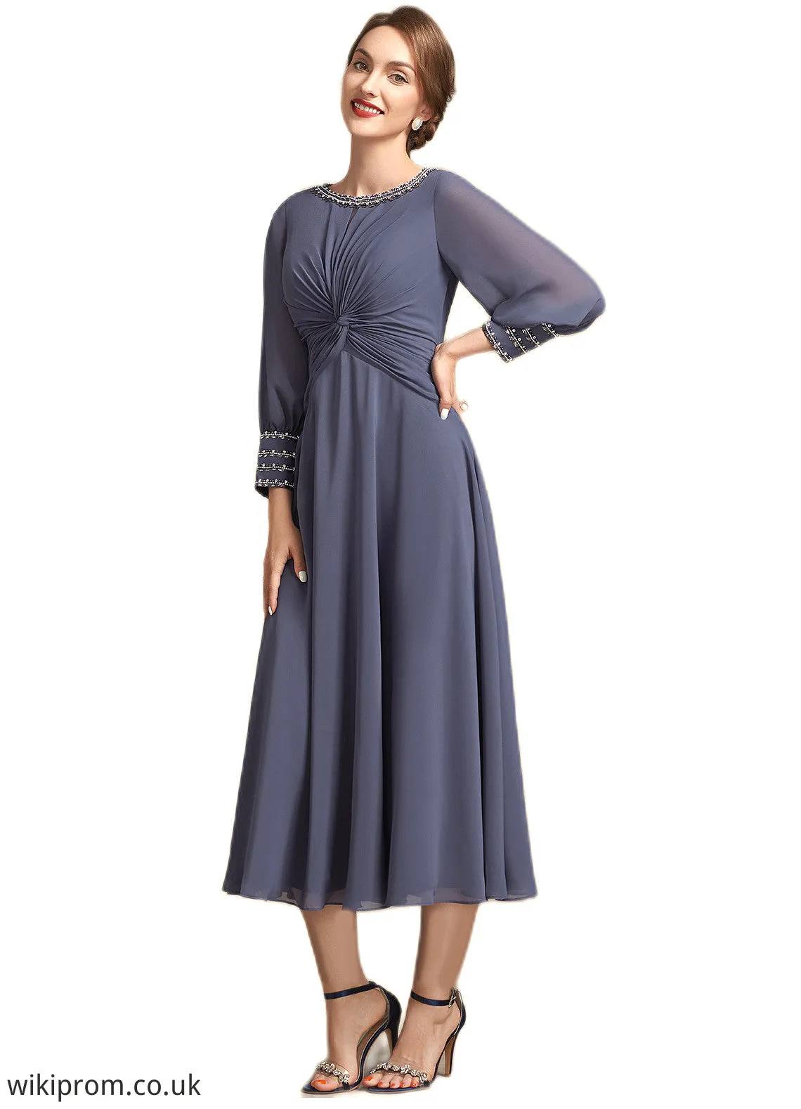 Breanna A-Line Scoop Neck Tea-Length Chiffon Mother of the Bride Dress With Ruffle Beading SWK126P0014718