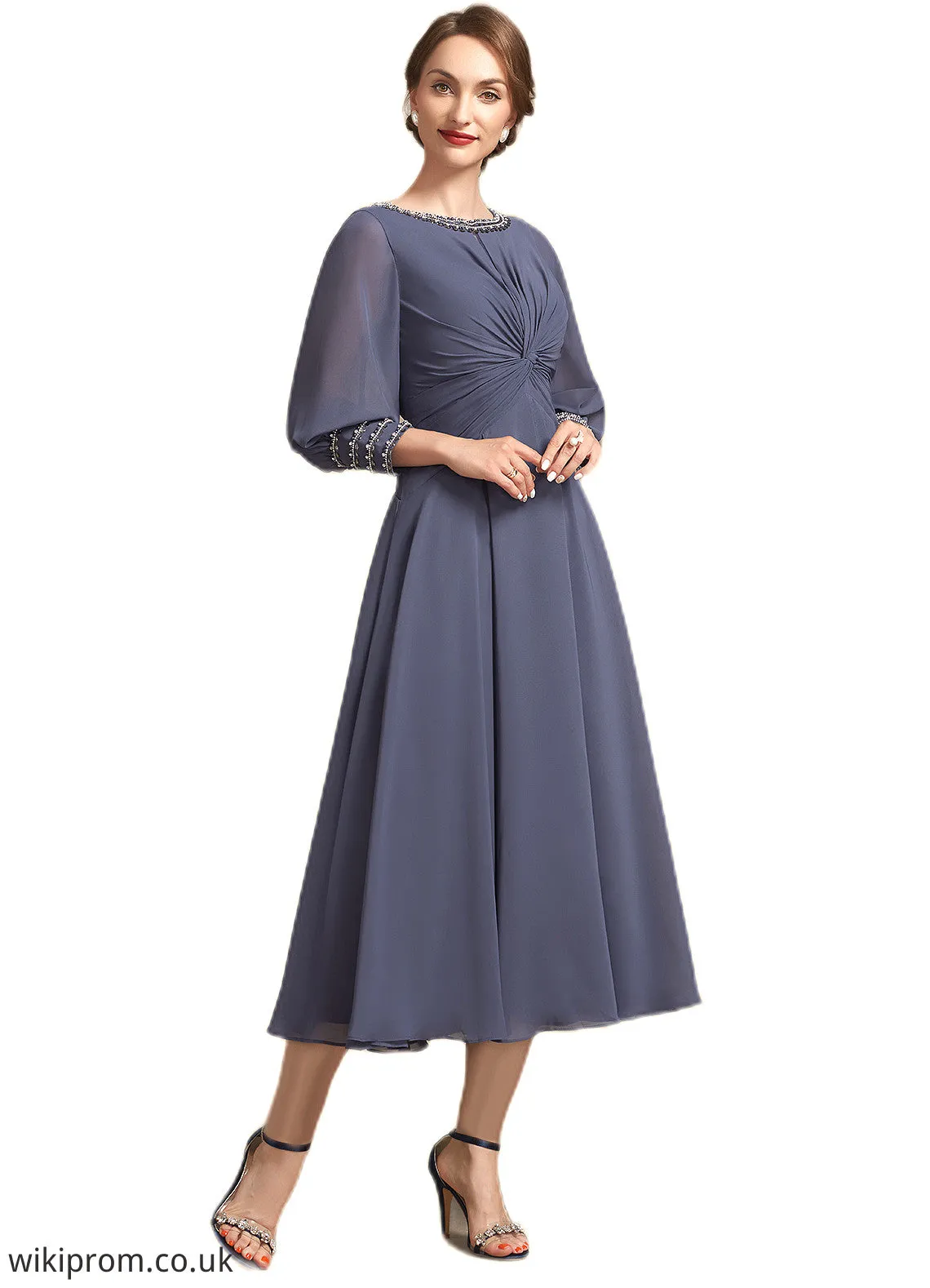 Breanna A-Line Scoop Neck Tea-Length Chiffon Mother of the Bride Dress With Ruffle Beading SWK126P0014718