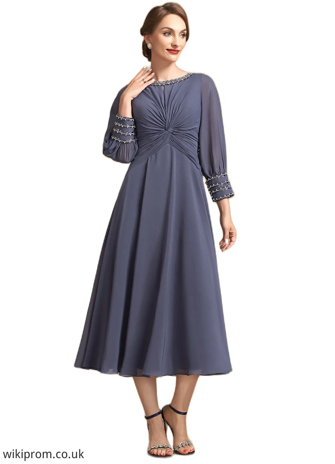 Breanna A-Line Scoop Neck Tea-Length Chiffon Mother of the Bride Dress With Ruffle Beading SWK126P0014718