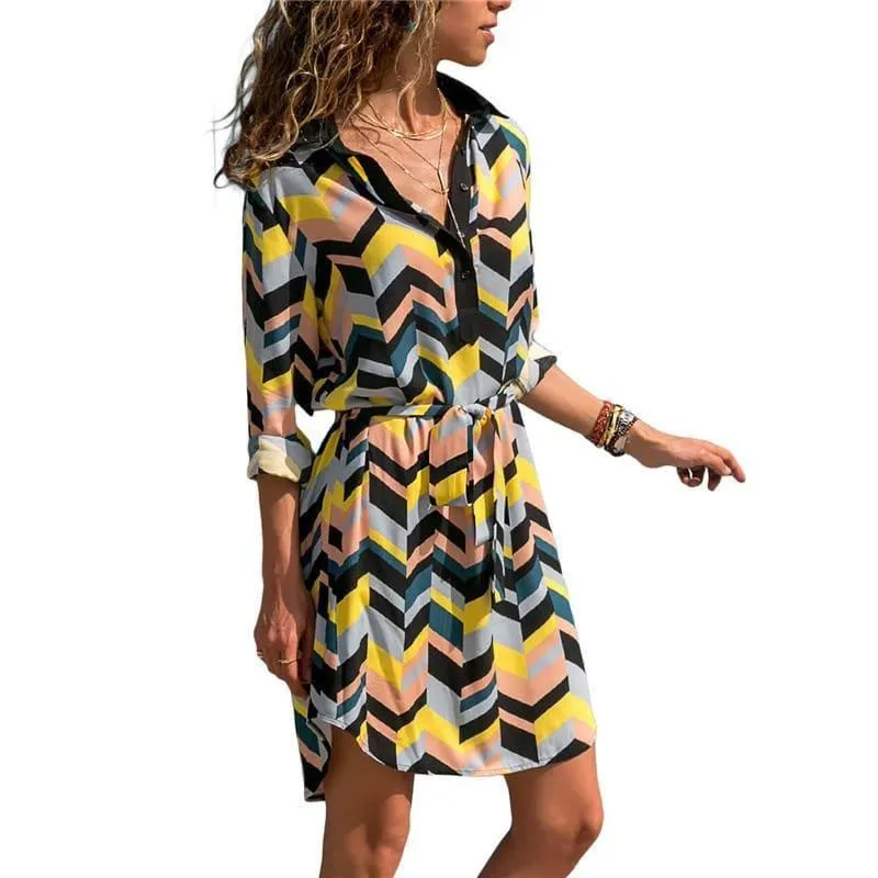 Chiffon Boho Beach Casual Striped Print A-line Shirt Mini Dress