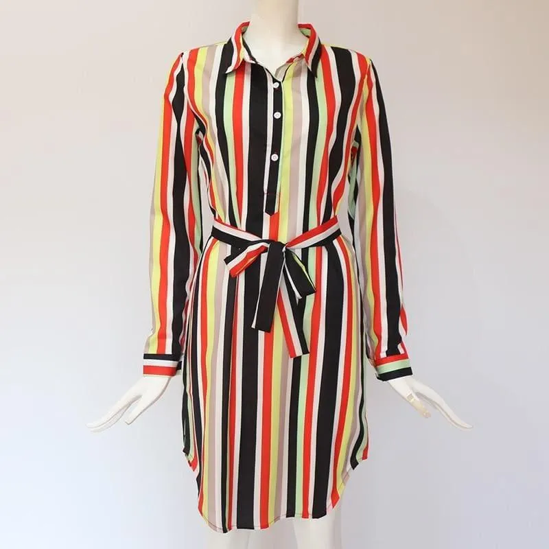 Chiffon Boho Beach Casual Striped Print A-line Shirt Mini Dress