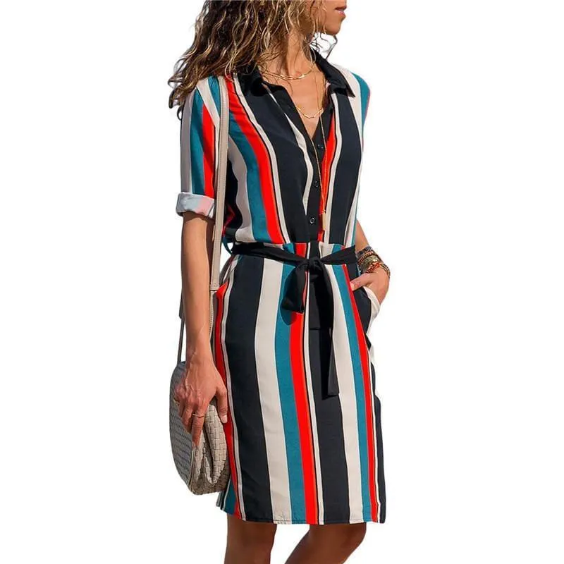 Chiffon Boho Beach Casual Striped Print A-line Shirt Mini Dress