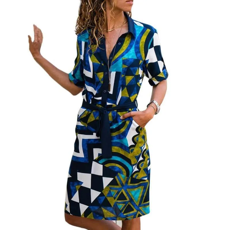 Chiffon Boho Beach Casual Striped Print A-line Shirt Mini Dress