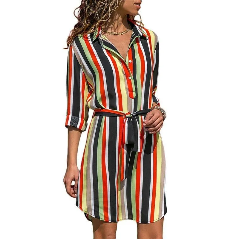 Chiffon Boho Beach Casual Striped Print A-line Shirt Mini Dress