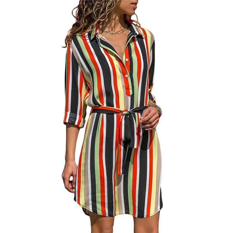 Chiffon Boho Beach Casual Striped Print A-line Shirt Mini Dress