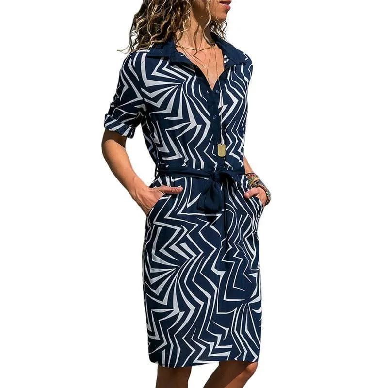 Chiffon Boho Beach Casual Striped Print A-line Shirt Mini Dress