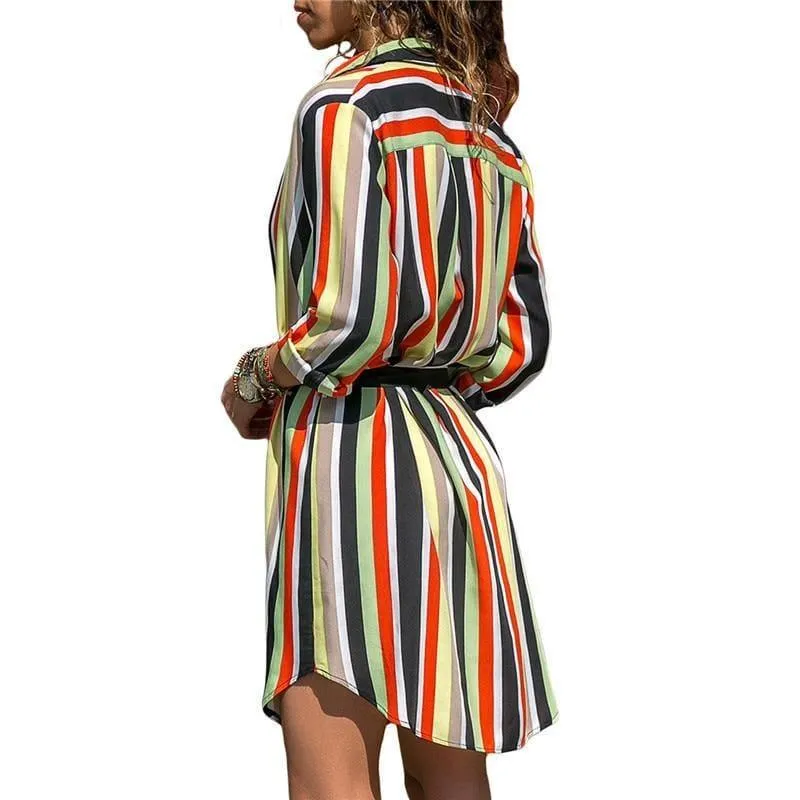 Chiffon Boho Beach Casual Striped Print A-line Shirt Mini Dress