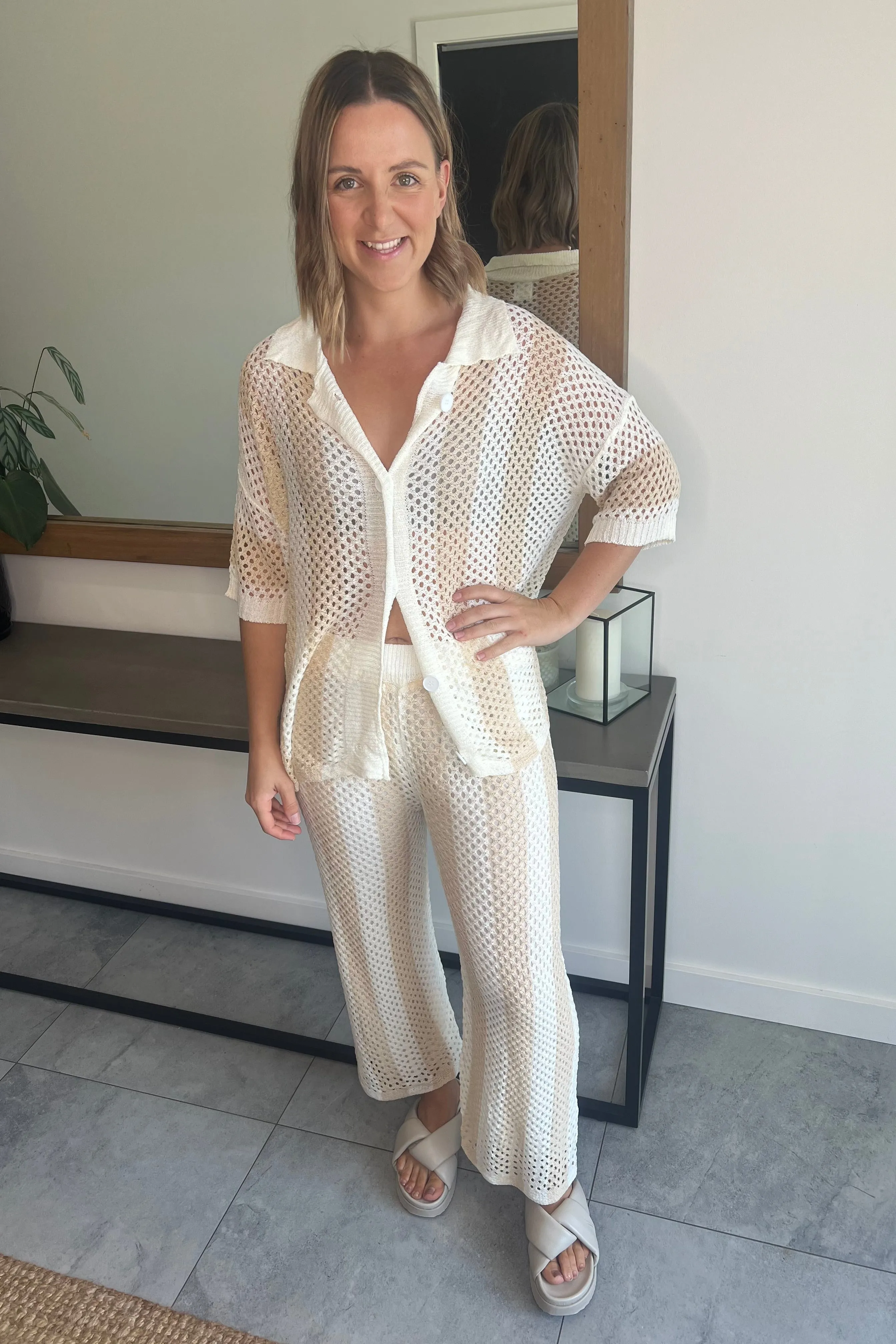Ellie Crochet Pant Set - Beige and White