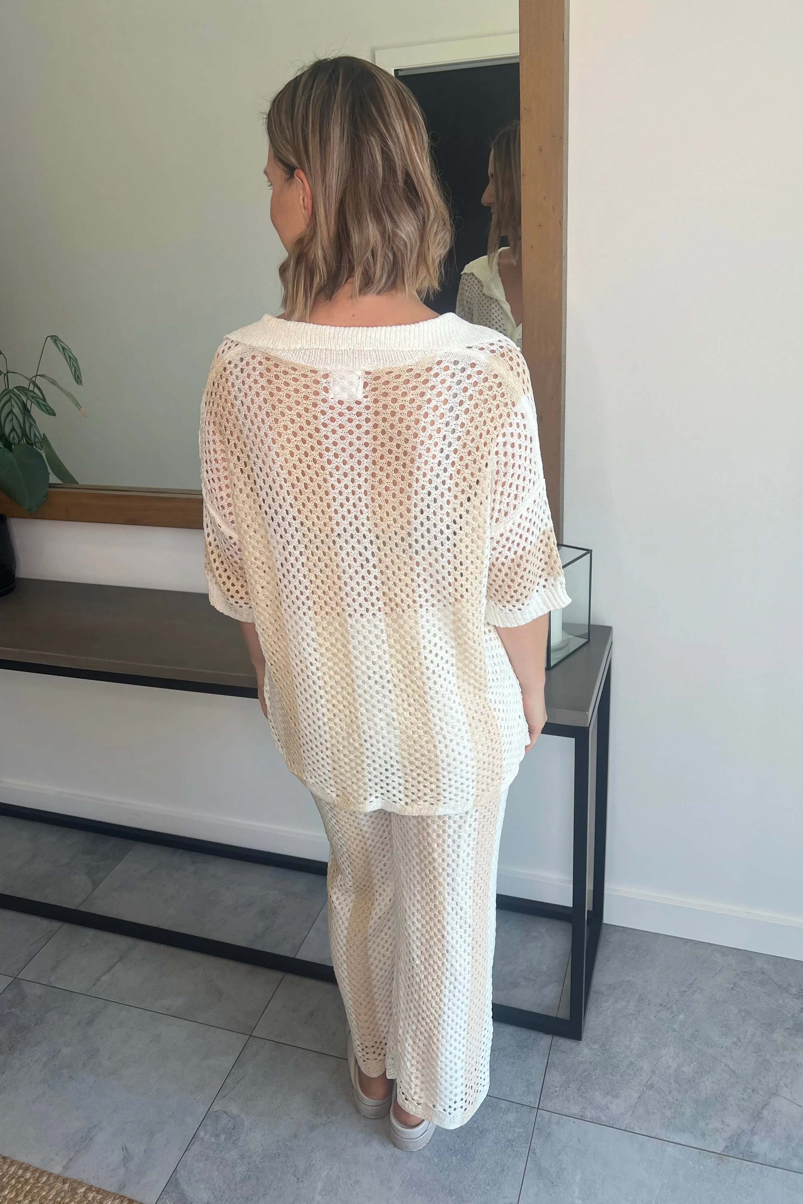 Ellie Crochet Pant Set - Beige and White
