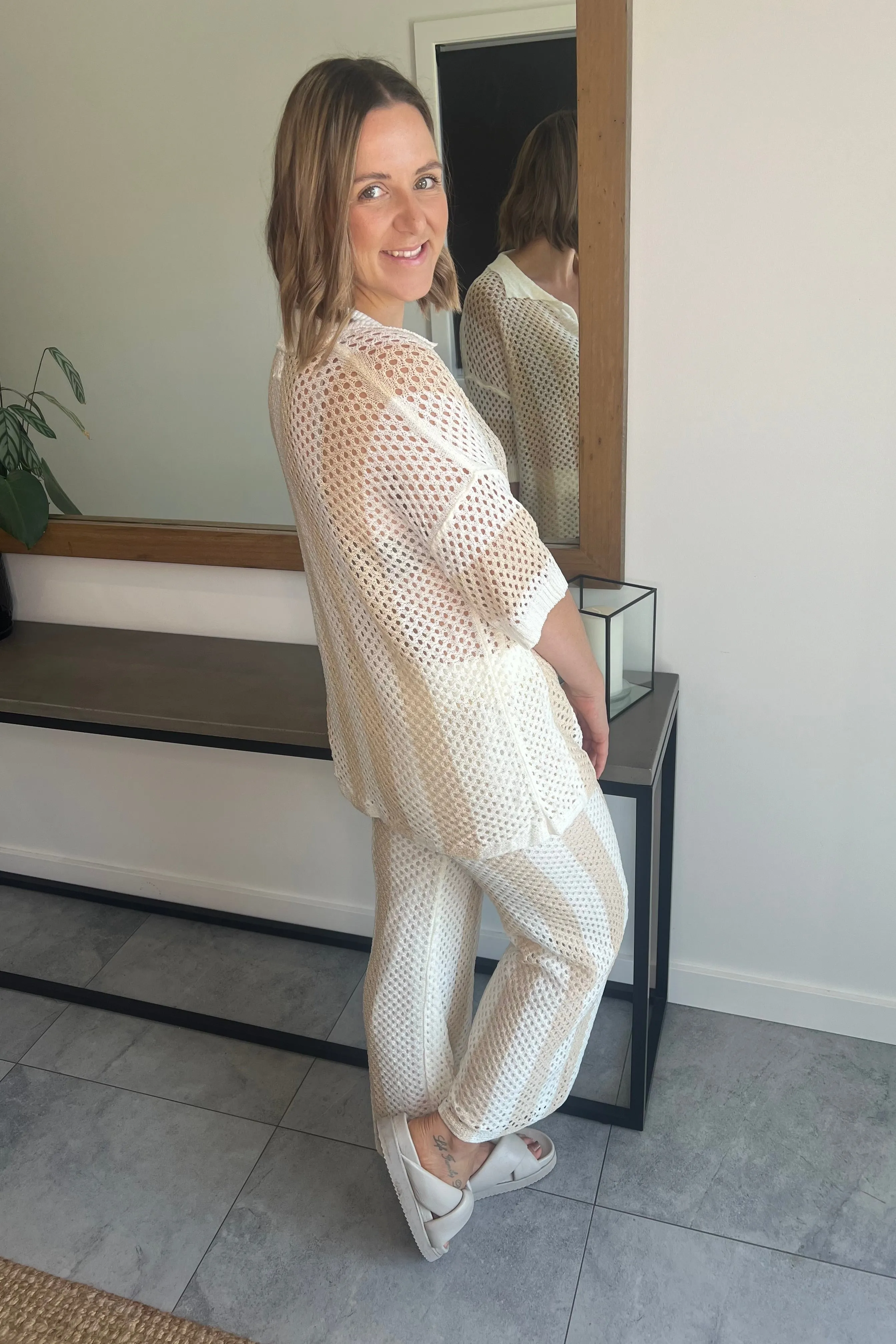 Ellie Crochet Pant Set - Beige and White
