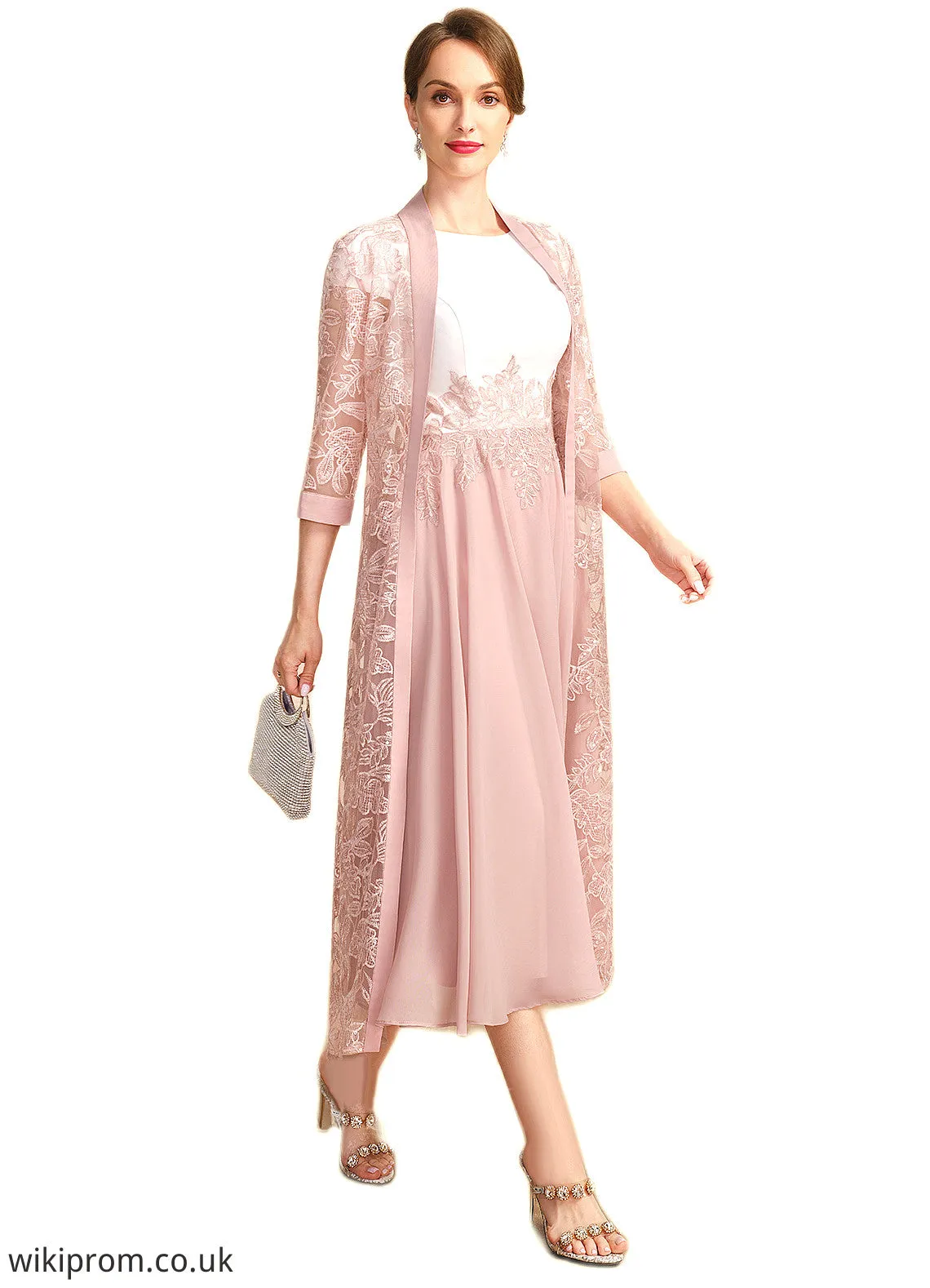 Jean A-line Scoop Tea-Length Chiffon Mother of the Bride Dress With Appliques Lace Sequins SWK126P0021785