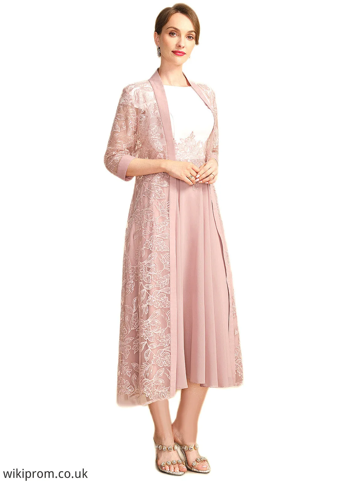 Jean A-line Scoop Tea-Length Chiffon Mother of the Bride Dress With Appliques Lace Sequins SWK126P0021785