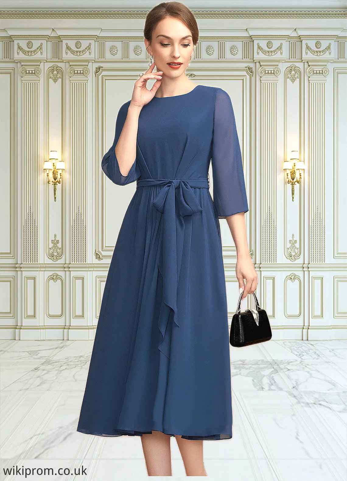 Joyce A-Line Scoop Neck Tea-Length Chiffon Mother of the Bride Dress With Ruffle Bow(s) SWK126P0014954