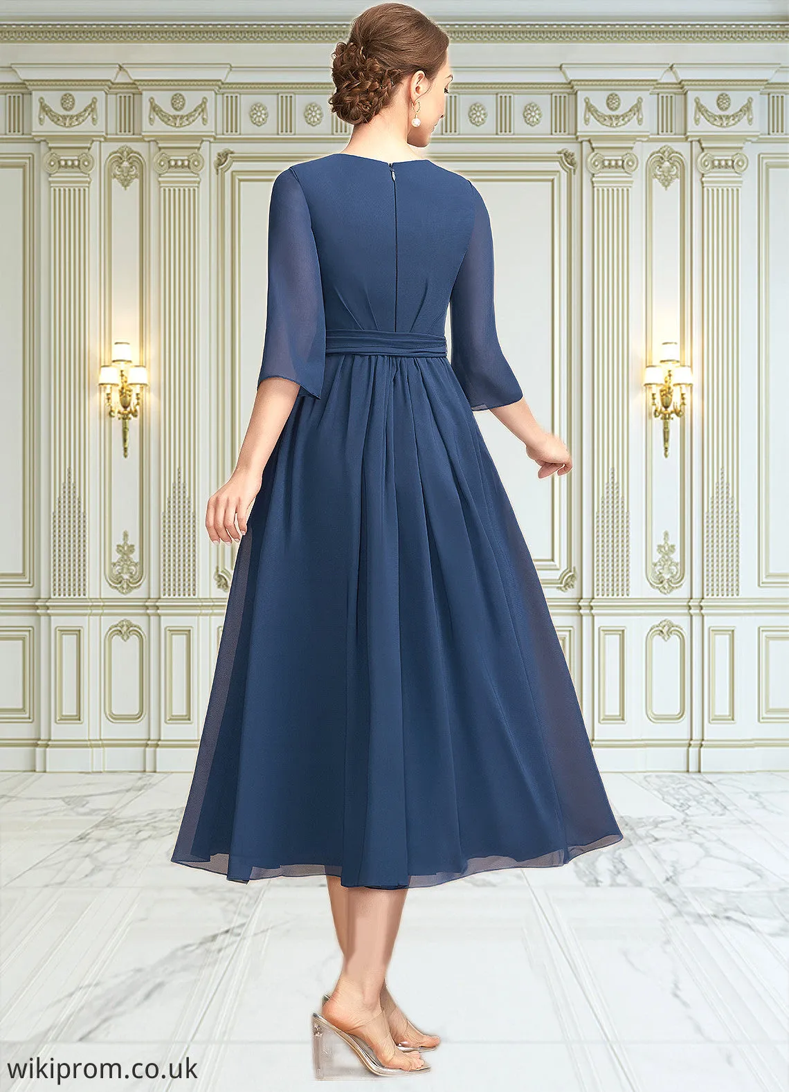 Joyce A-Line Scoop Neck Tea-Length Chiffon Mother of the Bride Dress With Ruffle Bow(s) SWK126P0014954