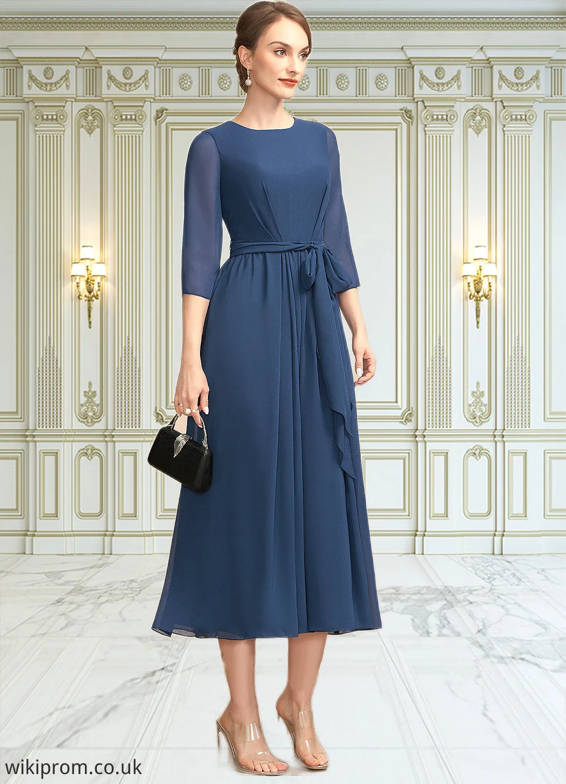 Joyce A-Line Scoop Neck Tea-Length Chiffon Mother of the Bride Dress With Ruffle Bow(s) SWK126P0014954