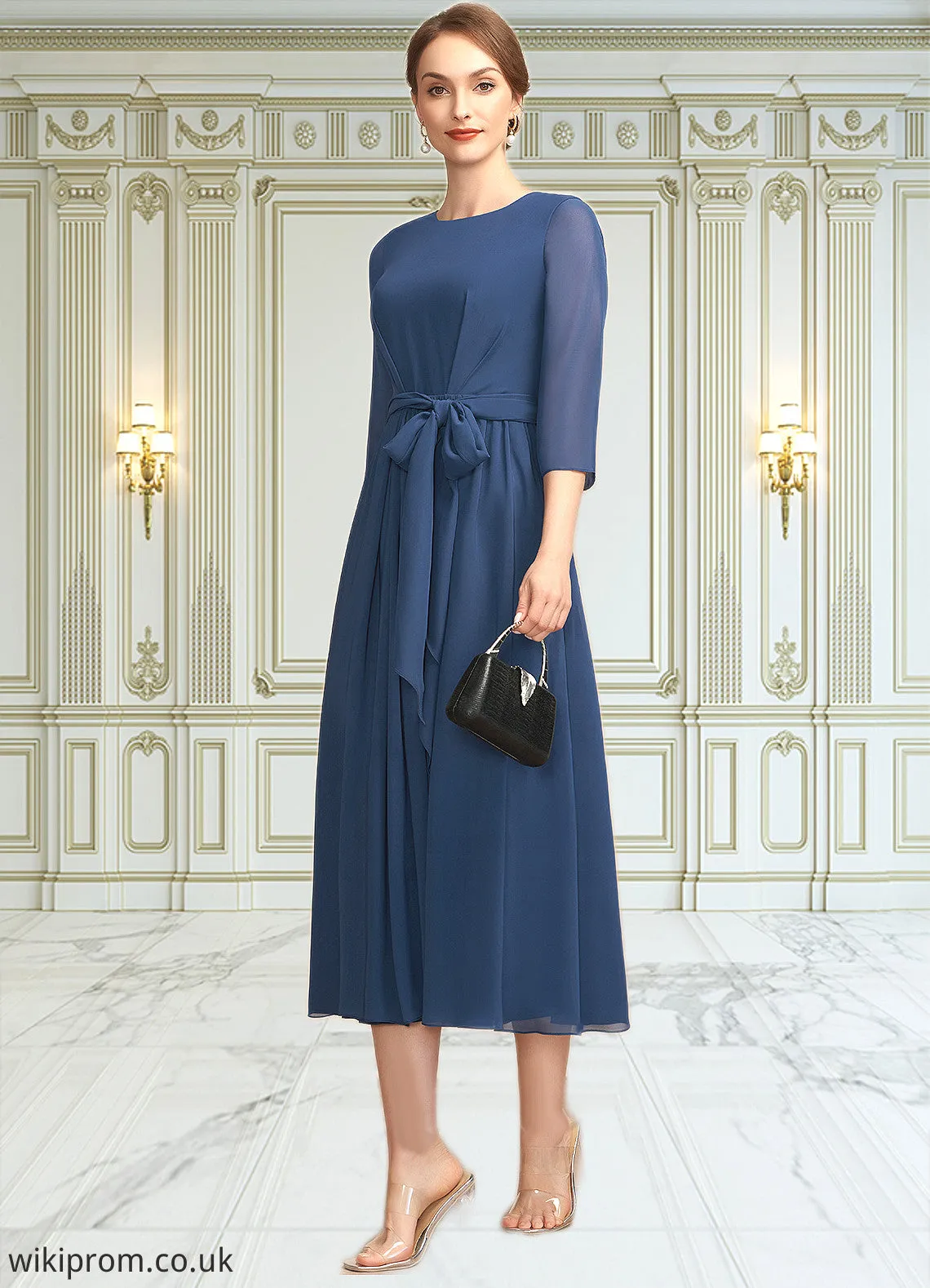 Joyce A-Line Scoop Neck Tea-Length Chiffon Mother of the Bride Dress With Ruffle Bow(s) SWK126P0014954