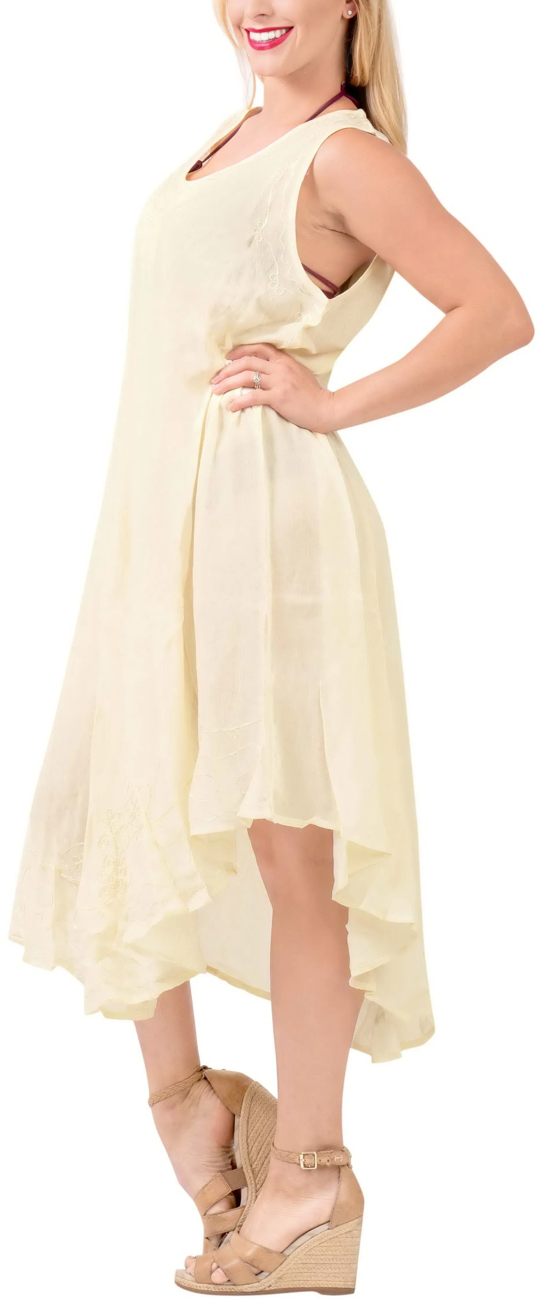 LA LEELA Women Rayon Casual Short Beach Dress Off White_3677 OSFM 14-20W [L- 2X]
