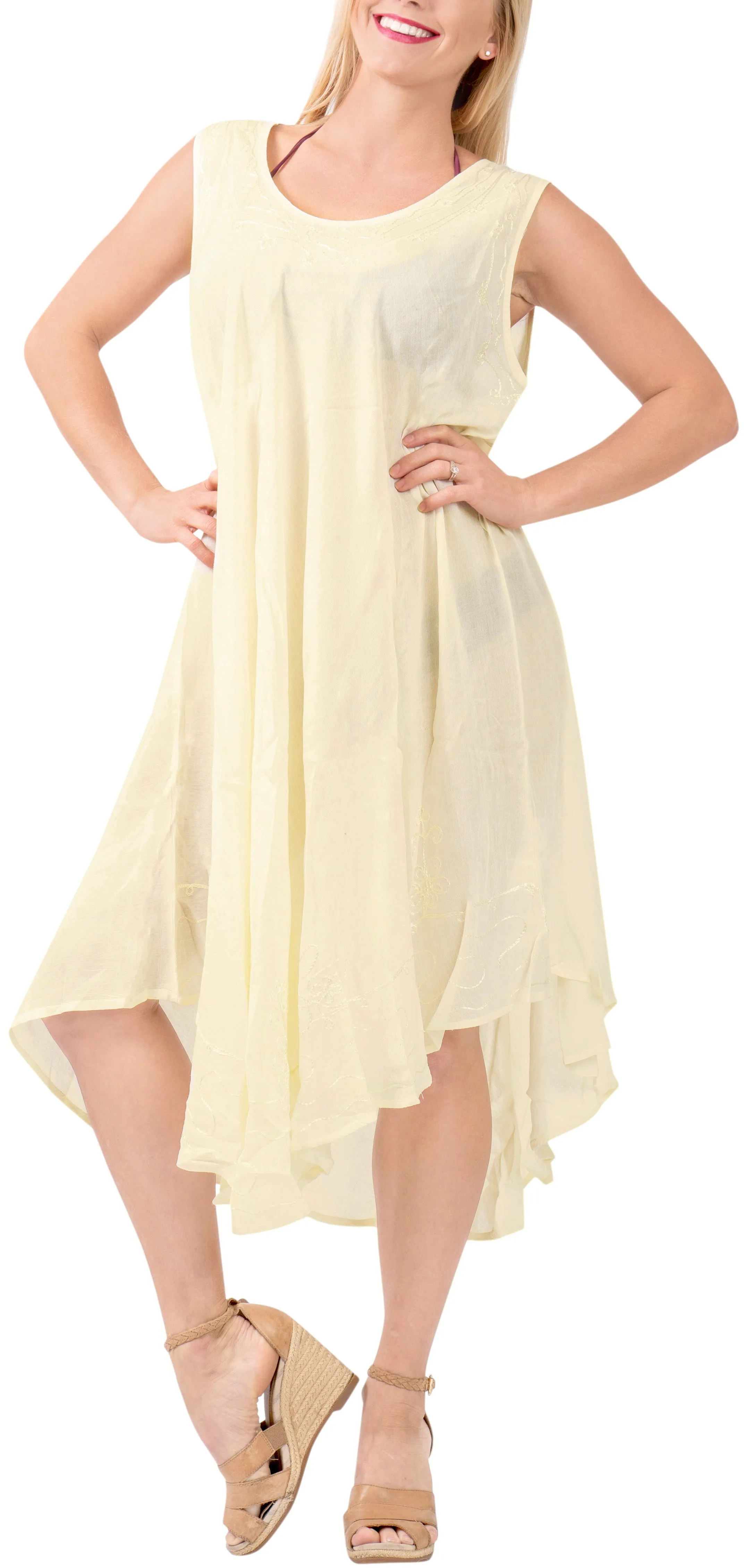 LA LEELA Women Rayon Casual Short Beach Dress Off White_3677 OSFM 14-20W [L- 2X]