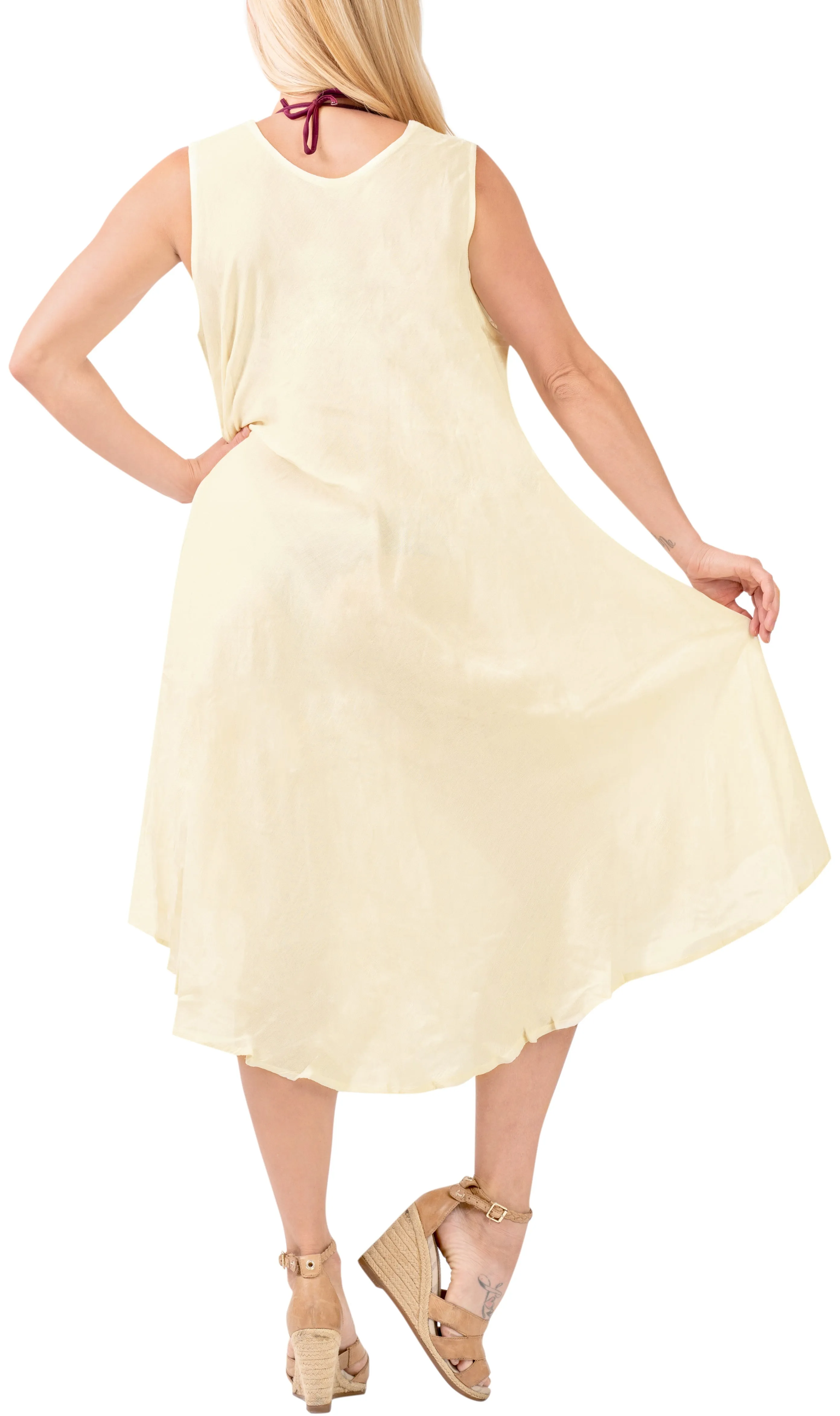 LA LEELA Women Rayon Casual Short Beach Dress Off White_3677 OSFM 14-20W [L- 2X]
