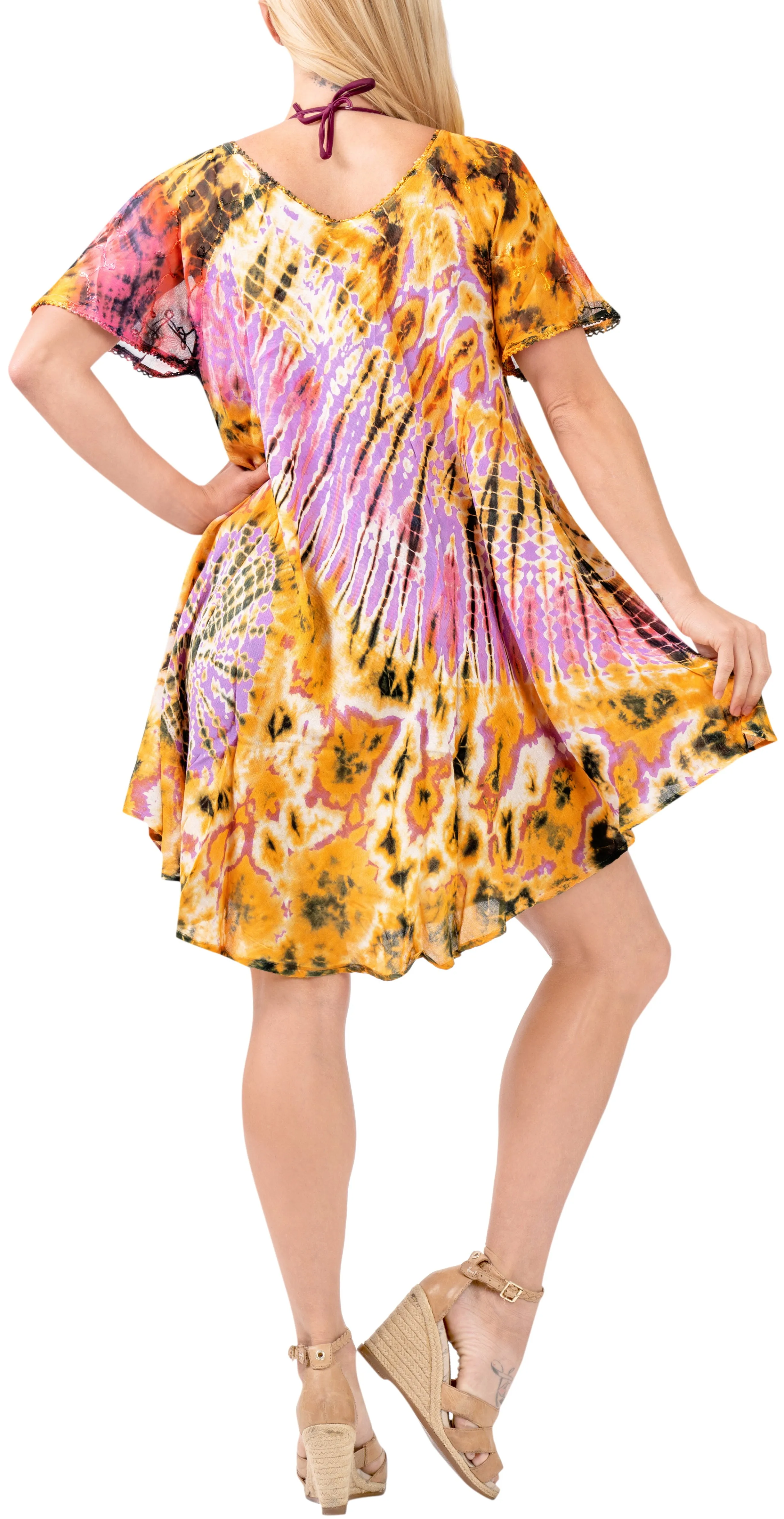 LA LEELA Women's Casual Summer Tank Swing Sun Dresses Cover Up Hand Tie Dye Orange Prink