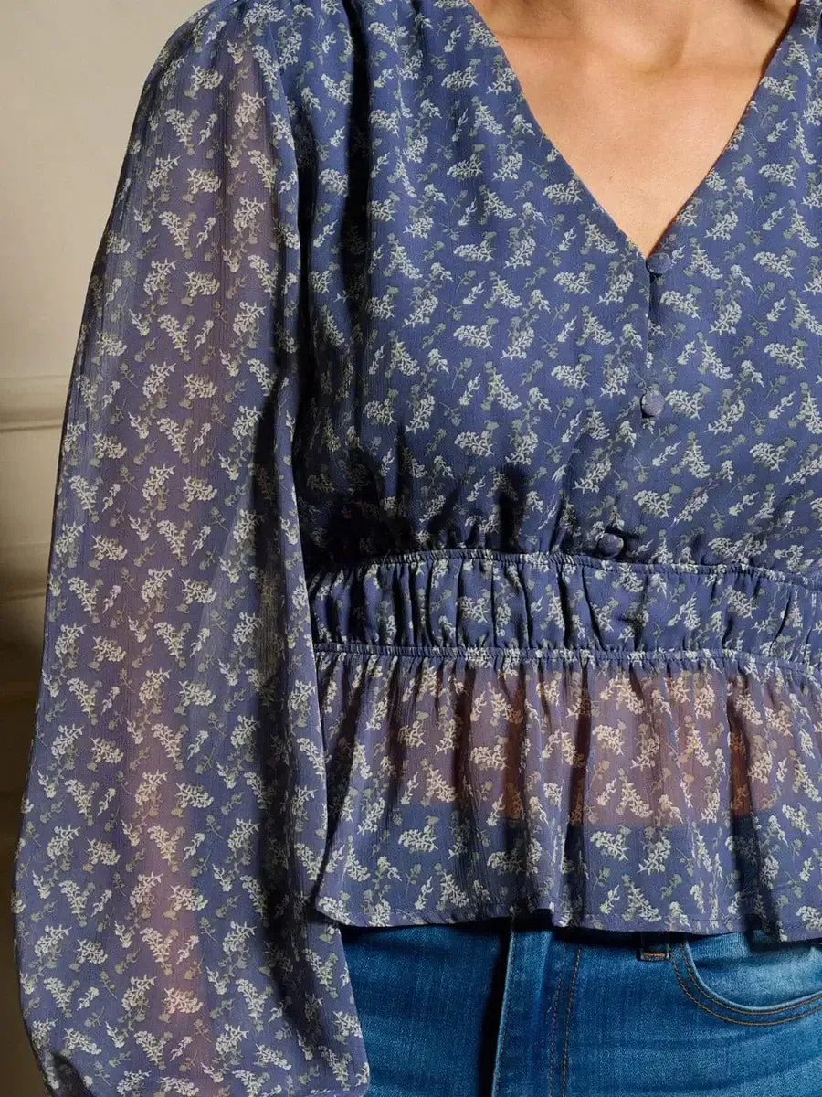 LONG SLEEVE V-NECK PEPLUM FLORAL BLOUSE TOP