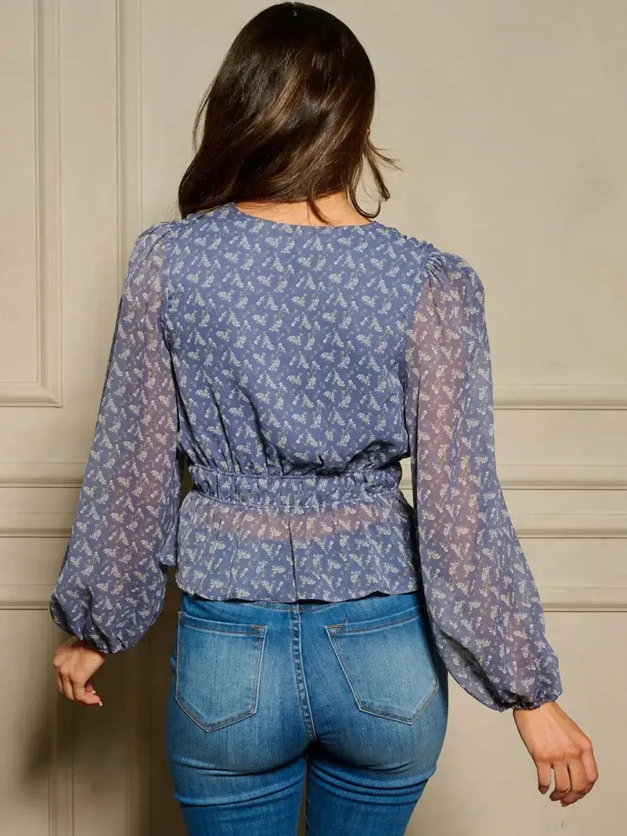 LONG SLEEVE V-NECK PEPLUM FLORAL BLOUSE TOP