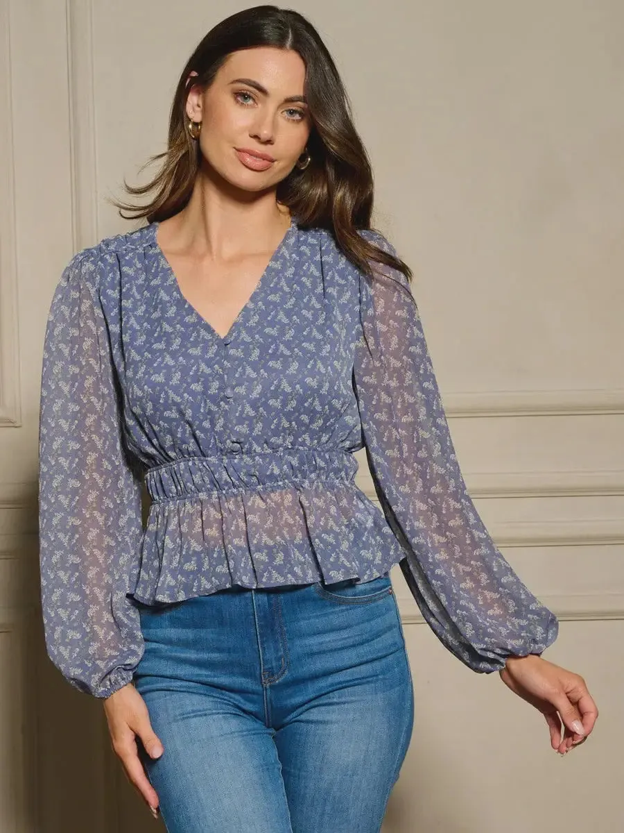 LONG SLEEVE V-NECK PEPLUM FLORAL BLOUSE TOP