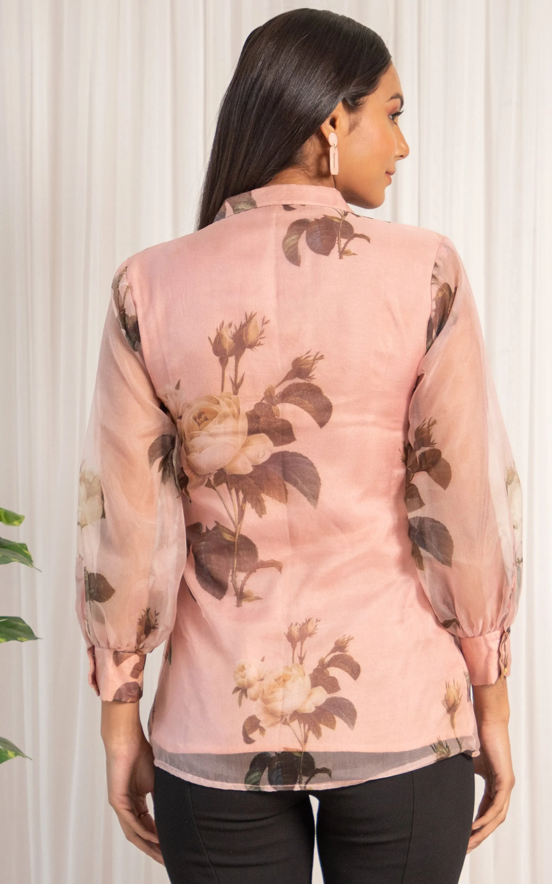 Peach Floral Tie-Up Organza Shirt