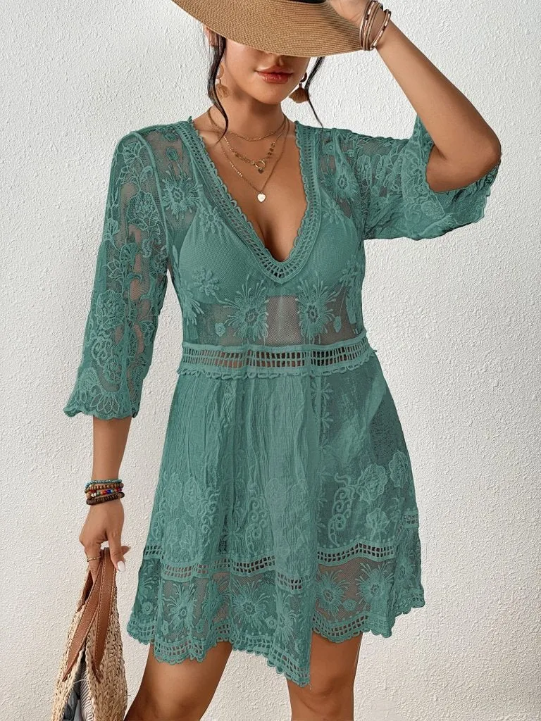 Sexy V Neck Contrast Lace Coverup Beach Dress
