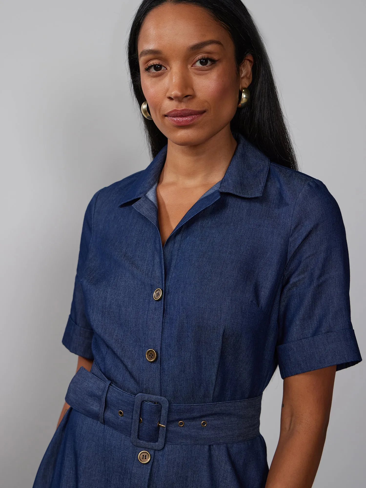 Short Sleeve Denim Belted Maxi Dress